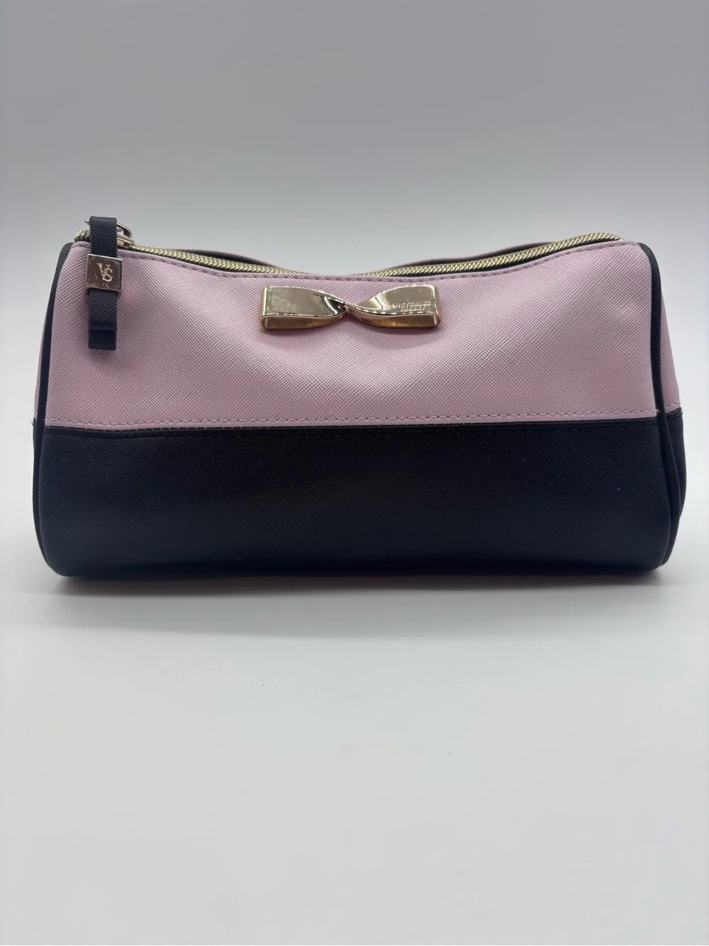 Victoria's Secret Pink and Black Colorblock Cosmetic Case with Gold Bow